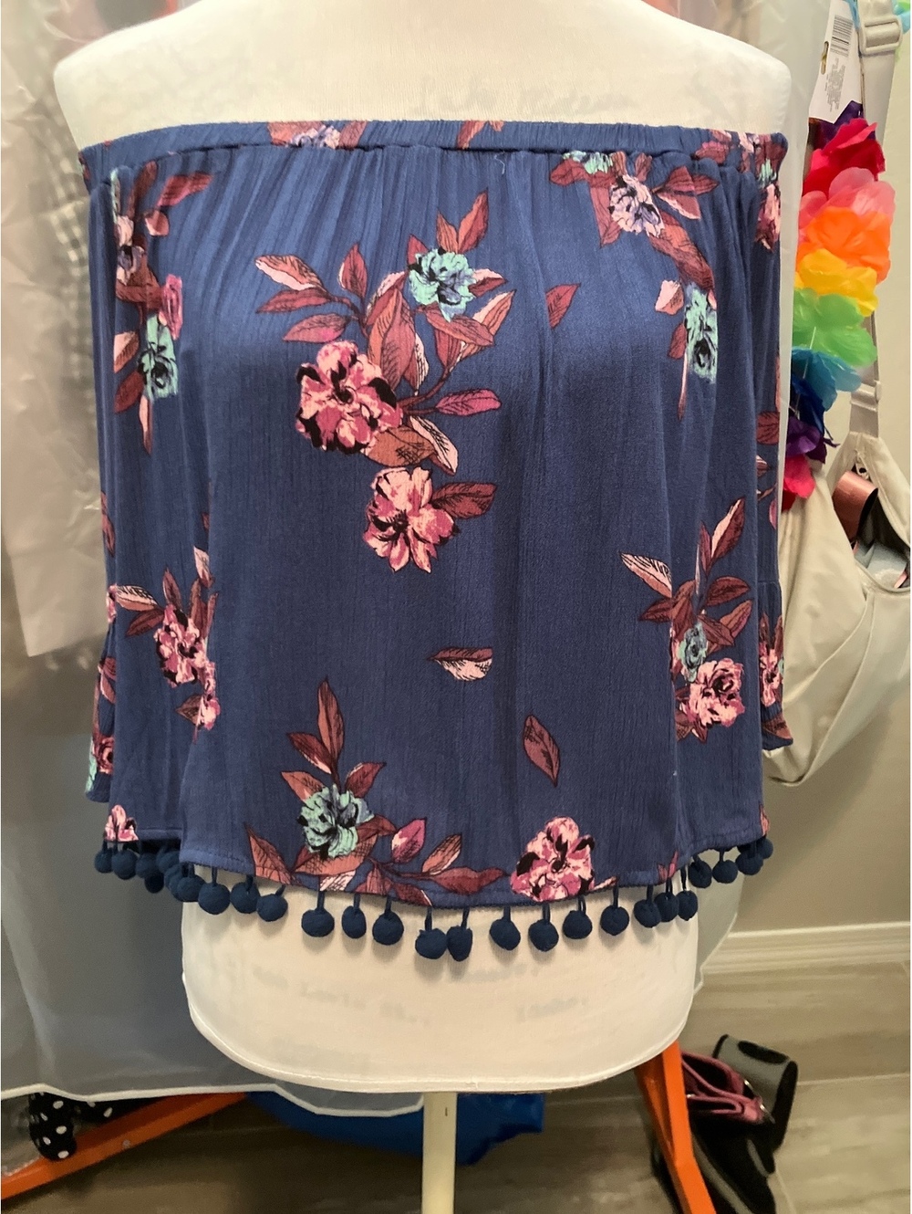 Preloved Current + Project Women's Off-Shoulder Pom Pom Trim